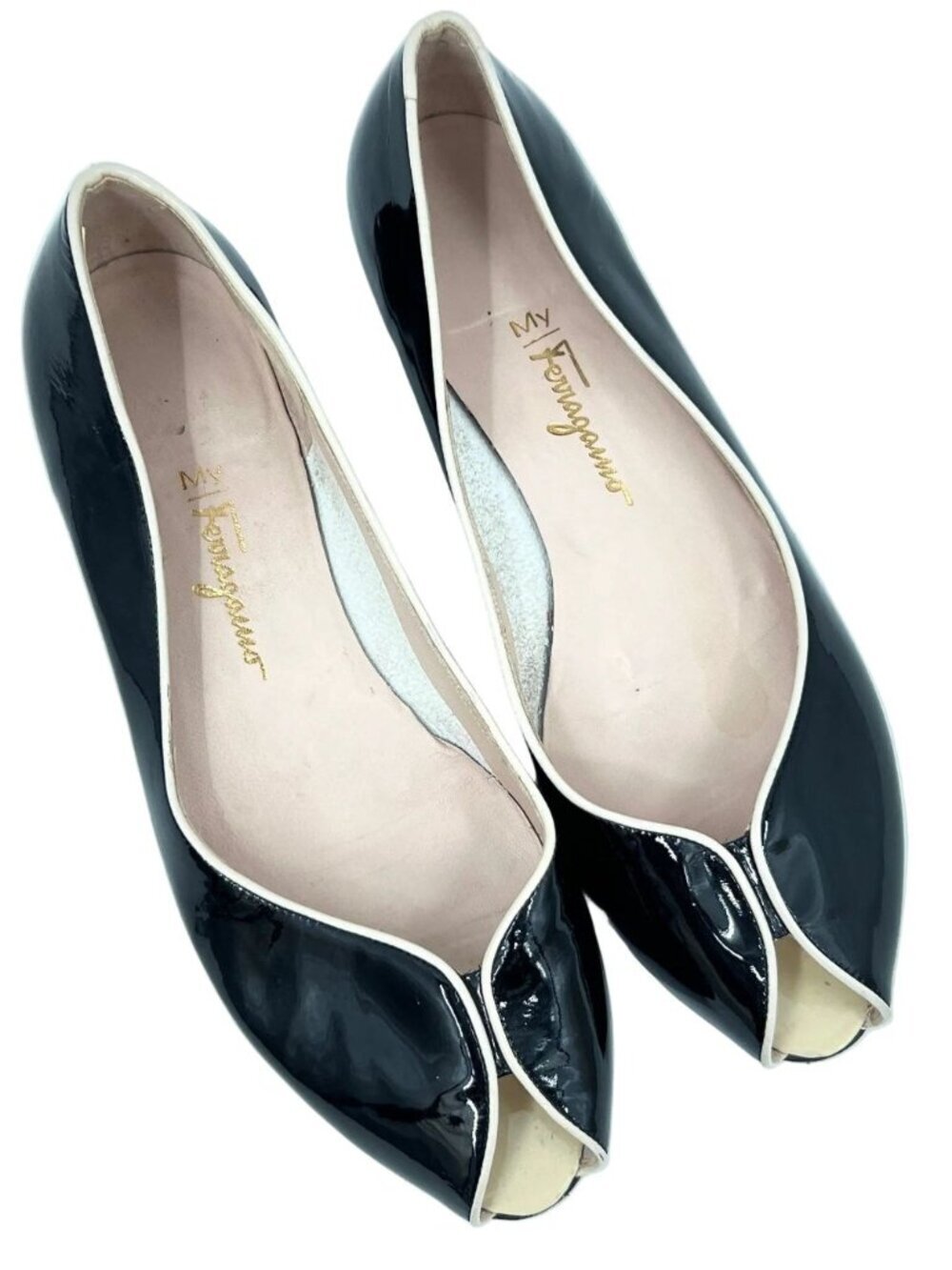 Salvatore Ferragamo Patent Leather Peep Toe Flat Shoes